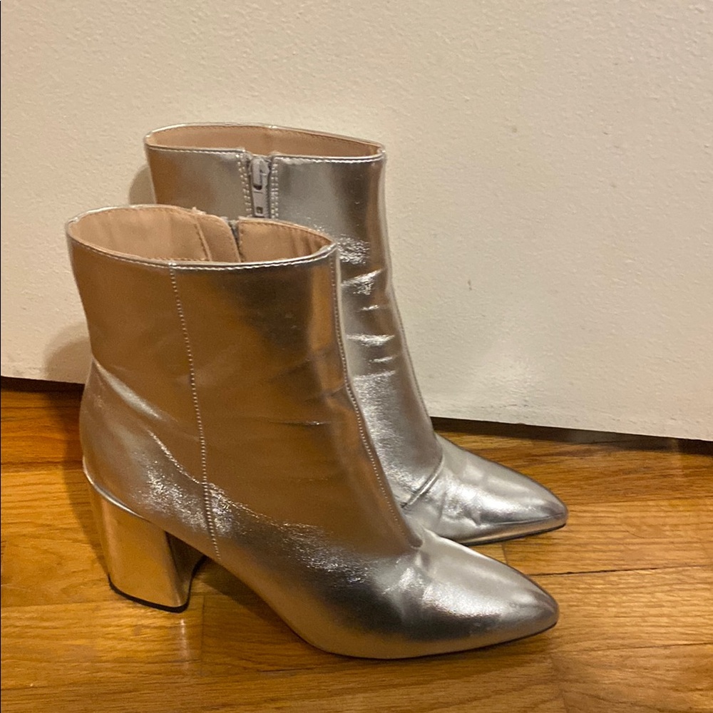 Qupid Silver Heeled Boots with Chunky Heel and Pointed Toe